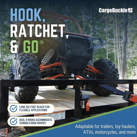 G3 Retractable Ratchet Tie Down System With Dual Safety Lock securing an ATV on trailer, showcasing heavy-duty straps in use.