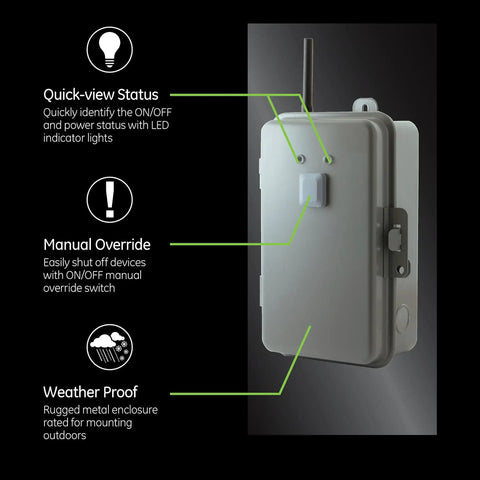 Z Wave Plus 40 Amp Indoor Outdoor Smart Switch with metal enclosure showing quick-view status, manual override, and weatherproof design.