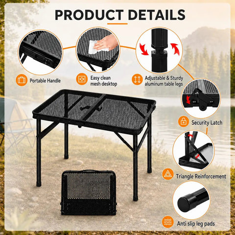 Product details of Folding Grill Table With Mesh Desktop For Camping And Outdoor Use, showing features and components