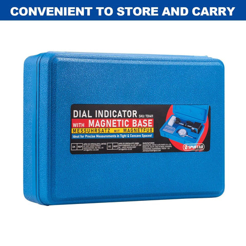 Front view of blue hard case for Spurtar dial indicator with magnetic base.