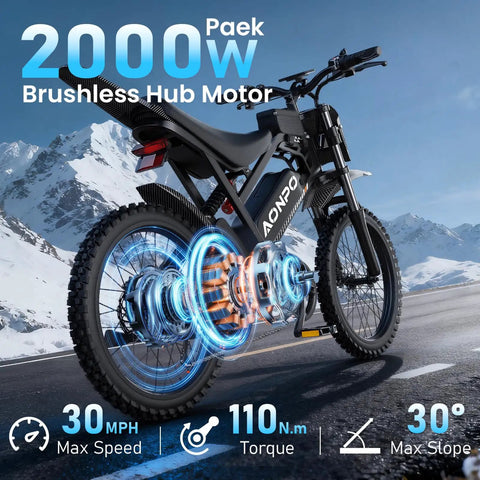 Powerful 2000W Electric Dirt Bike For Adults With 48V 18Ah Battery 110Nm Torque on mountain road.