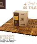 Top Shelf Nine Piece Solid Acacia Wood Interlocking Deck Tiles Non Slip Grooved Outdoor Flooring Easy Snap Together Setup showcasing 9 tiles and packaging.
