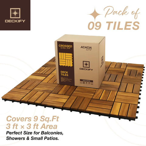 Top Shelf Nine Piece Solid Acacia Wood Interlocking Deck Tiles Non Slip Grooved Outdoor Flooring Easy Snap Together Setup showcasing 9 tiles and packaging.