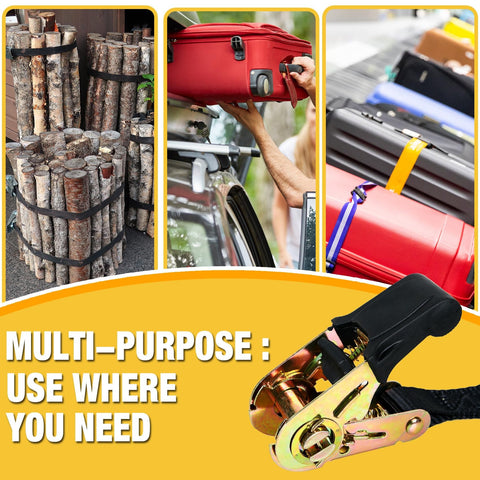 Heavy Duty Retractable Ratchet Straps 1 Inch Wide By 4 Feet Long No Hooks 1650 Lb Break Strength securing luggage and logs