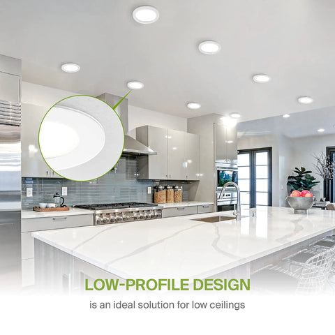Modern kitchen with 12 Pack Ultra Thin 6 Inch LED Recessed Lights With Junction Box installed in ceiling, low-profile design