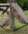 Camo Tree Hammock Chair For Huntin And Camping Portable Lightweight Stool with 360 Degree Swivel Seat set up on a tree