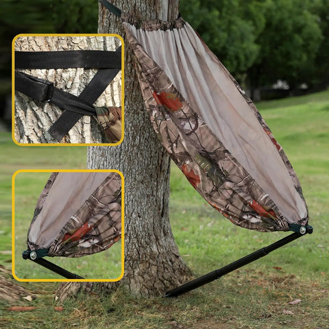 Camo Tree Hammock Chair For Huntin And Camping Portable Lightweight Stool with 360 Degree Swivel Seat set up on a tree