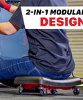 Person using 2 In 1 Modular Detailing Creeper Seat With Cushion And Tool Tray, Rolling Creeper Converts To Low Profile Knee Pad, Heavy Duty Polyethylene And Steel Frame, 4 Inch Wheels in low profile position on garage floor.