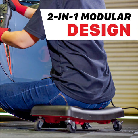 Person using 2 In 1 Modular Detailing Creeper Seat With Cushion And Tool Tray, Rolling Creeper Converts To Low Profile Knee Pad, Heavy Duty Polyethylene And Steel Frame, 4 Inch Wheels in low profile position on garage floor.