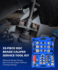 Pro Grade Heavy Duty Disc Brake Caliper Tool Kit with 24 Adapters for easy brake pad replacement shown with open case and vehicle use
