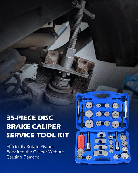 Pro Grade Heavy Duty Disc Brake Caliper Tool Kit with 24 Adapters for easy brake pad replacement shown with open case and vehicle use