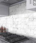 10 Sheet Subway Peel And Stick Backsplash Tiles 12 By 12 Carrara White Marble Look Self Adhesive in kitchen setting