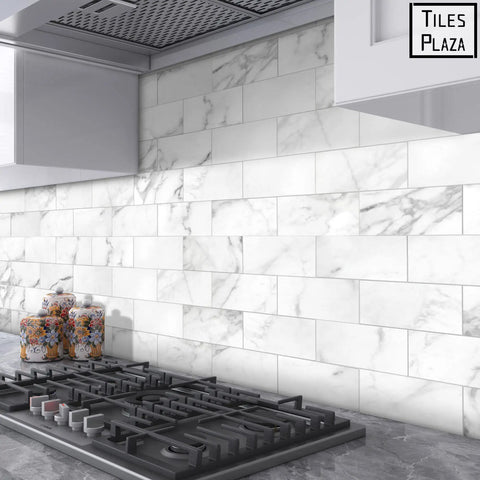 10 Sheet Subway Peel And Stick Backsplash Tiles 12 By 12 Carrara White Marble Look Self Adhesive in kitchen setting