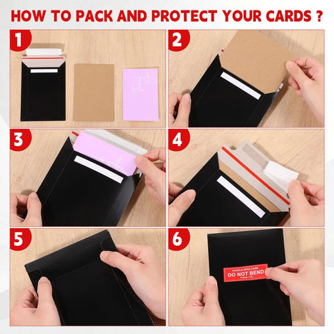Step-by-step use of Trading Card Shipping Set With Self Adhesive Rigid Mailers And Cardboard Inserts 201 Pack Seven By Five Inch Envelopes Black