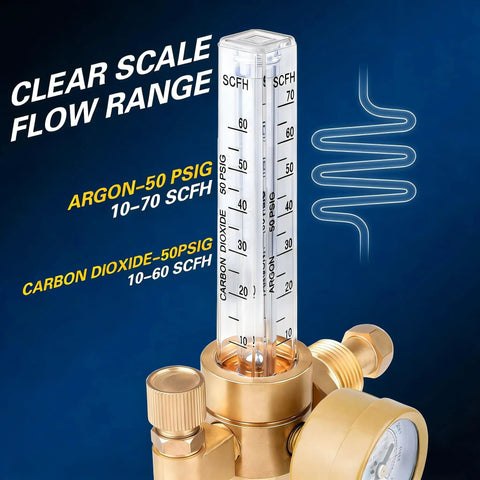 Argon CO2 MIG TIG Regulator With CGA580 Inlet For Welding, 0 To 4000 PSI And 0 To 180 CFH Flow, Dual Gauges For Easy Gas Monitoring, Plug And Play Regulator No Adapters Needed For MIG And TIG close-up flow scale and gauges