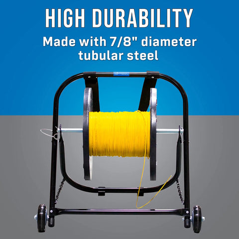 Heavy Duty Steel Cable Caddy With Wheels And Pull Strap, Holds Reels Up To 20 Inch Diameter And 100 Lb Capacity, Black