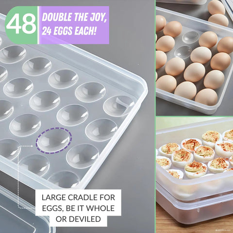 Two Pack Deviled Egg Carriers With Lids Portable 24 Egg Holders 48 Egg Capacity BPA Free Plastic Stackable Refrigerator Organizer Clear Tray Secure Seal Easy Clean Party Ready On The Go