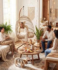 Hanging Egg Chair With Stand For Indoor And Outdoor Use Cozy Patio Rattan Swing Hammock Chair With Cushion in living room with friends