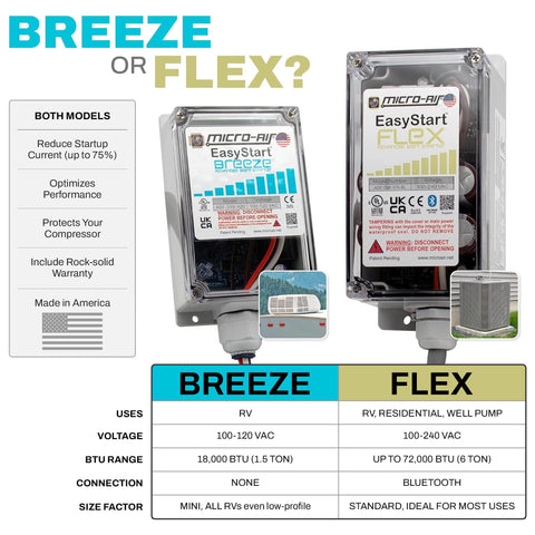 Easy Start Breeze 399 Soft Starter For RV Air Conditioners With Installation Kit Compact Design next to EasyStart Flex module.