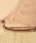 Hand Carved Dragon Boat Incense Holder For Stick Incense Burners, Distinctive Dragon Censer Ornament on bamboo mat