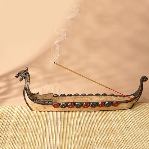 Hand Carved Dragon Boat Incense Holder For Stick Incense Burners, Distinctive Dragon Censer Ornament on bamboo mat