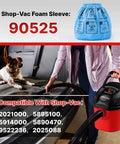 Shop-Vac foam sleeve 90525 next to a red vacuum being used on a car interior, compatible models listed below.