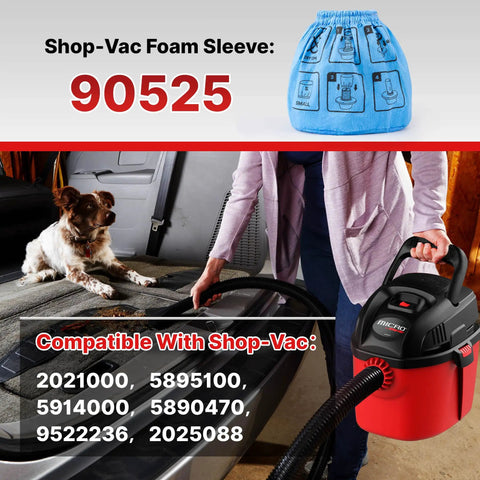 Shop-Vac foam sleeve 90525 next to a red vacuum being used on a car interior, compatible models listed below.