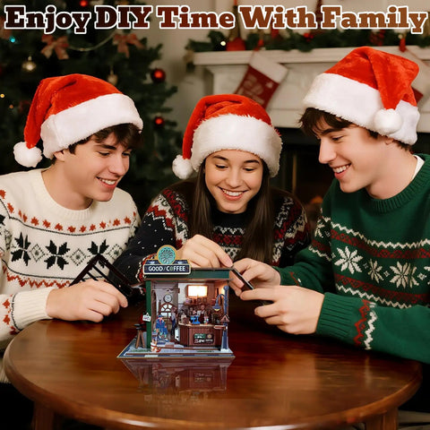 Family assembling Cozy Coffee Shop 3D Wood Miniature Kit With LED Lights For Adults DIY Tiny House Model on Christmas
