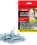 Package and pile of Forty Piece 4 Point 0 By 75mm Twin Thread Pozi Countersunk Wood Screws With Bright Zinc Plated Finish