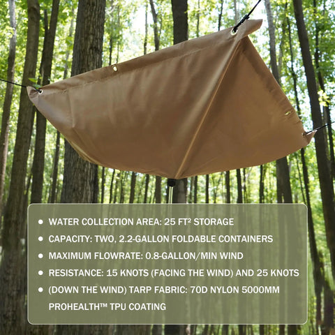 Portable Rainwater Collection System For Camping With A 5 By 5 Foot Hanging Tarp And A 2.2 Gallon Collapsible Water Bag in use.