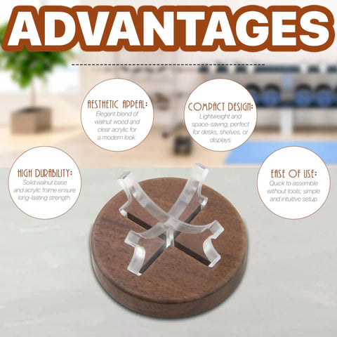 Two Pack Baseball Display Stands With Walnut Wood Base And Clear Acrylic Arms in a room showcasing advantages