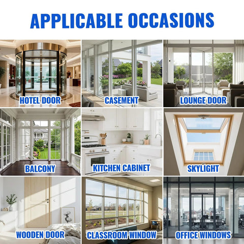 Weather stripping door draft stopper and window seal; collage of various door and window types.