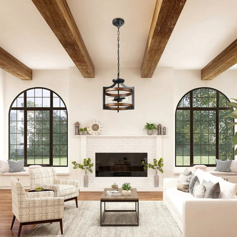 Interior with Semi Flush Mount Ceiling Light Fixture With Detachable Chain In Dope Farmhouse Metal Wood Grain Finish Two Light Pendant