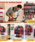 Power Tool Wall Mount Organizer With Charging Station, Heavy Duty 5-Layer Metal Garage Tool Rack in various settings including workshop, tool room, and garage.
