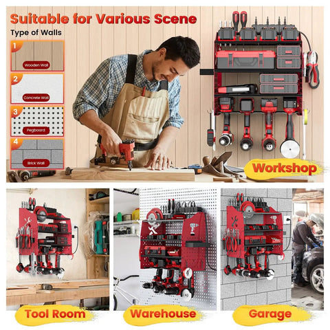 Power Tool Wall Mount Organizer With Charging Station, Heavy Duty 5-Layer Metal Garage Tool Rack in various settings including workshop, tool room, and garage.