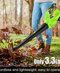 Person using Cordless 21V Leaf Blower Handheld Electric Lightweight With 2Ah Battery And Fast Charger Adjustable Speeds Turbo Copper Motor Delivers 130 MPH for yard cleanup