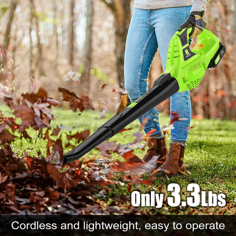 Person using Cordless 21V Leaf Blower Handheld Electric Lightweight With 2Ah Battery And Fast Charger Adjustable Speeds Turbo Copper Motor Delivers 130 MPH for yard cleanup