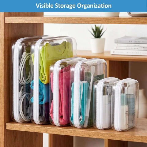 Heavy Duty Six Pack Clear Hard Shell Zipper Cases on shelf, organizing toiletries and electronics in assorted sizes.