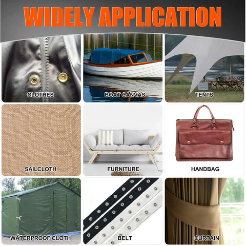 Heavy Duty Snap Fastener Tool Kit With Case Must Have Pro Grade 80 Sets Stainless Steel Snaps Replacement Kit for DIY projects, showing application on clothes, boat canvas, tents, sailcloth, furniture, handbag, waterproof cloth, belt, and curtain.