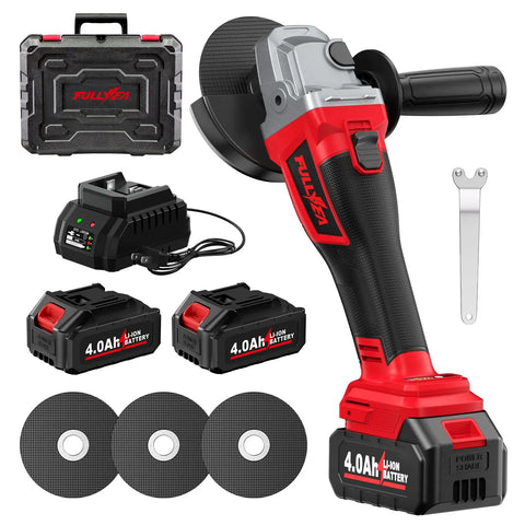 Cordless Angle Grinder Four And A Half Inch Beast Brushless Metal Grinder 12000 RPM with dual 4Ah batteries, charger, cutting wheels