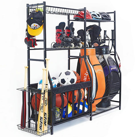 Garage Sports Gear Organizer With Ball Storage Rack And Golf Bag Stand for indoor outdoor storage with balls and helmets