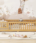 Twin Montessori Floor Bed Frame In Natural Pine With Attached Safety Fence Gate Low Profile Design showcasing cozy nursery setup.