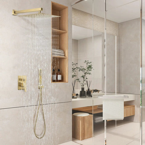 Brushed Gold 8 Inch Rain Shower System With Wall Mount Dual Function Shower Faucet Set And Rough In Valve