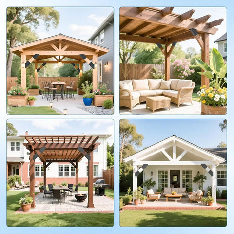 Heavy Duty 45 Degree Pergola Brackets 8 Piece Set used in outdoor wooden pergolas and patios for secure support and stability.