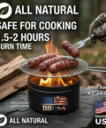 Campfire In A Can Portable Mini Fire Pit For Marshmallows And Smores Made In USA Trail Ready For Hiking Backpacking Camping And Emergencies Compact One Pack With A 1.5 To 2 Hour Burn Time Lightweight Four Ounces showing sausages cooking outdoors
