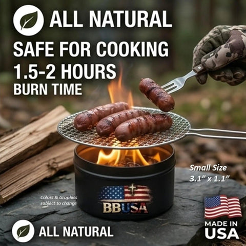 Campfire In A Can Portable Mini Fire Pit For Marshmallows And Smores Made In USA Trail Ready For Hiking Backpacking Camping And Emergencies Compact One Pack With A 1.5 To 2 Hour Burn Time Lightweight Four Ounces showing sausages cooking outdoors