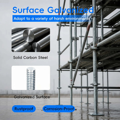 Galvanized scaffolding showing Four Pack 18 Inch Adjustable Leveling Jacks For Baker Style Scaffolding, 3307 Lbs Load Capacity.