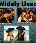 Top Shelf Black Renaissance Pirate Tricorn Hat Set With Distressed Faux Leather Finish Including Realistic Eye Mask Chain Necklace And Antique Style Brass Compass For Totally Badass Halloween Parties in Halloween costumes and performances