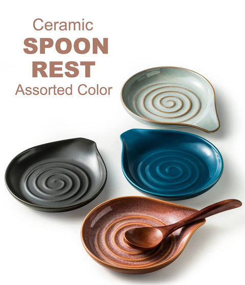 Four assorted color ceramic spoon rests with spiral design, featuring black, blue, cream, and brown colors.