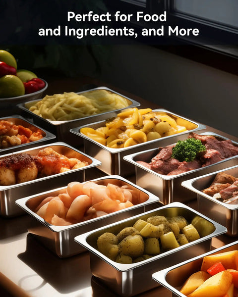 Six Pack Hotel Pans One Third Size Four Inch Deep Steam Table Pan 22 Gauge Anti Jam Stainless Steel filled with food